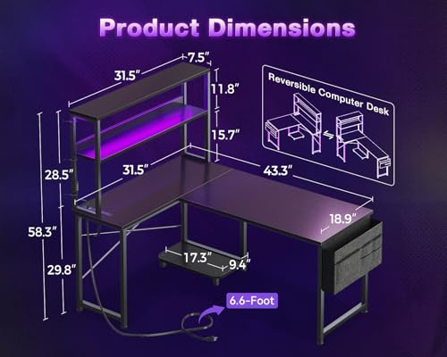 L Shaped Gaming Desk with LED Lighting and Outlets