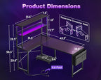 L Shaped Gaming Desk with LED Lighting and Outlets