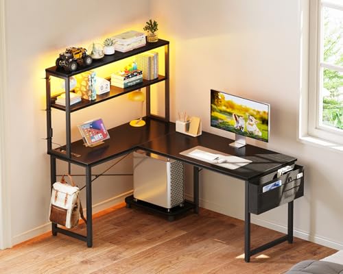 L Shaped Gaming Desk with LED Lighting and Outlets