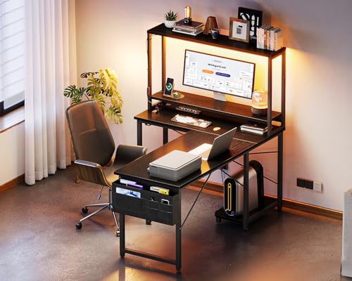L Shaped Gaming Desk with LED Lighting and Outlets