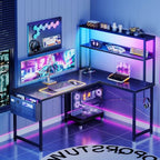 L Shaped Gaming Desk with LED Lighting and Outlets