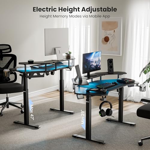 Gaming Desk with Keyboard Tray and LED Shelves