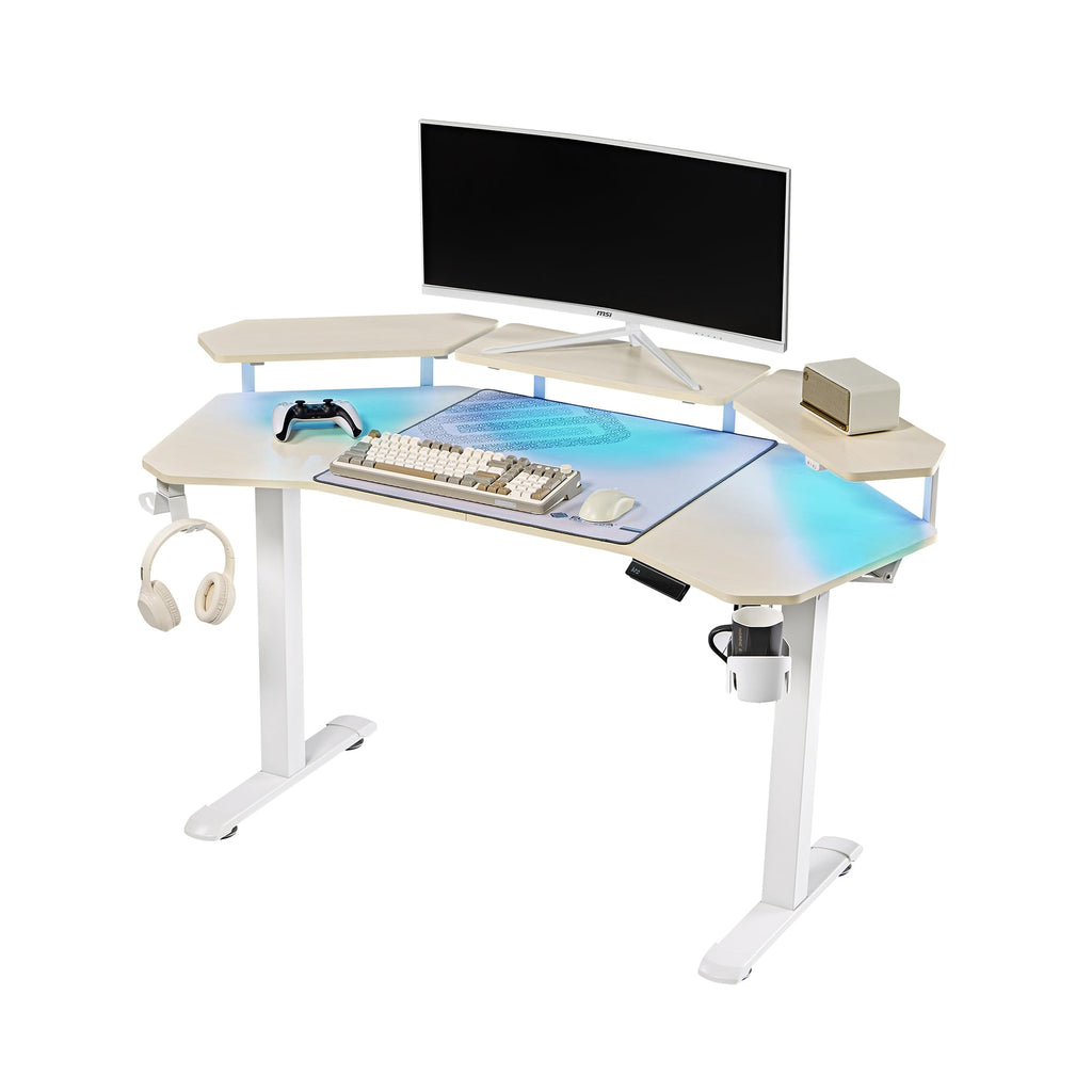 Gaming Desk with Keyboard Tray and LED Shelves