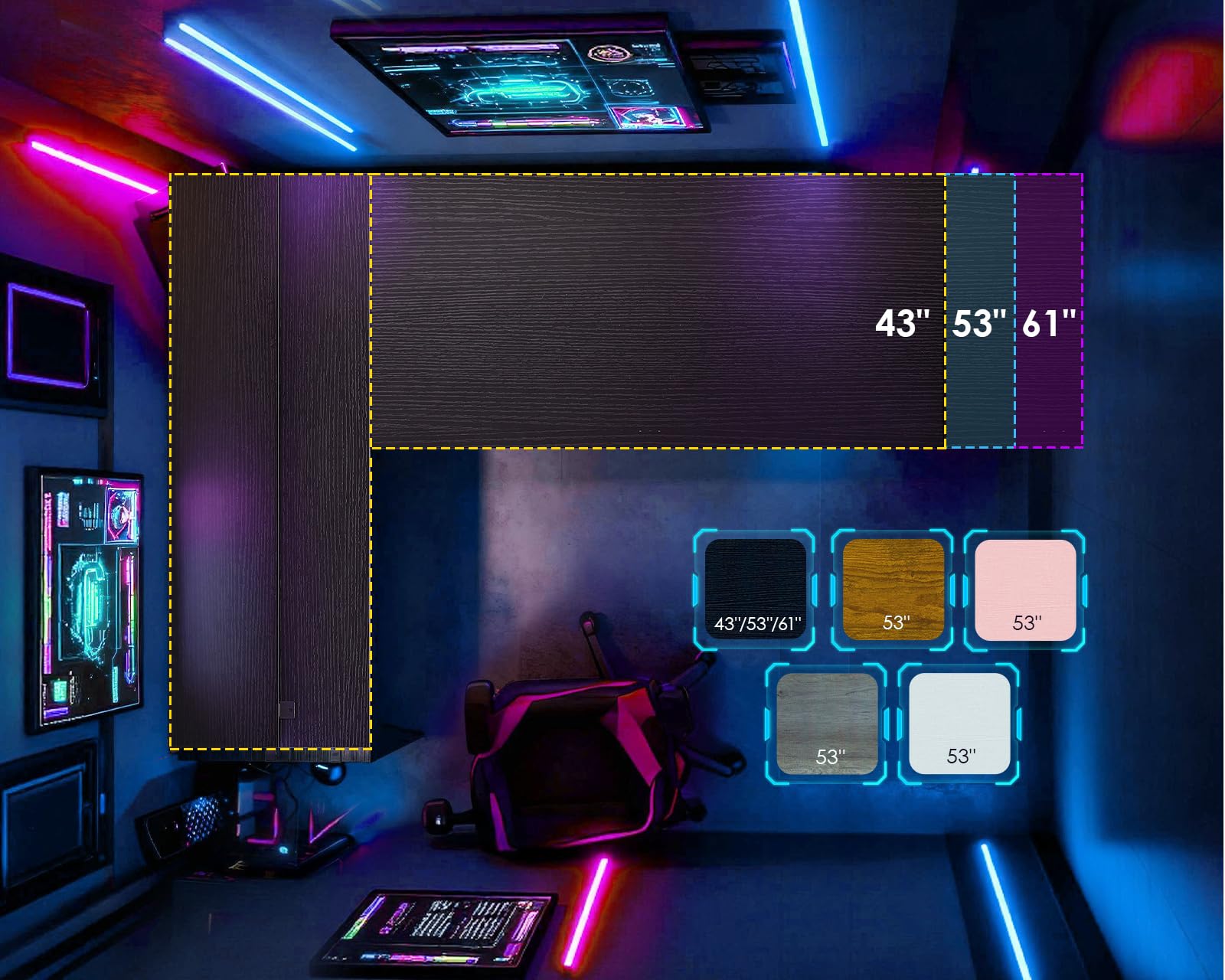 L Shaped Gaming Desk with LED Light and Power Outlet