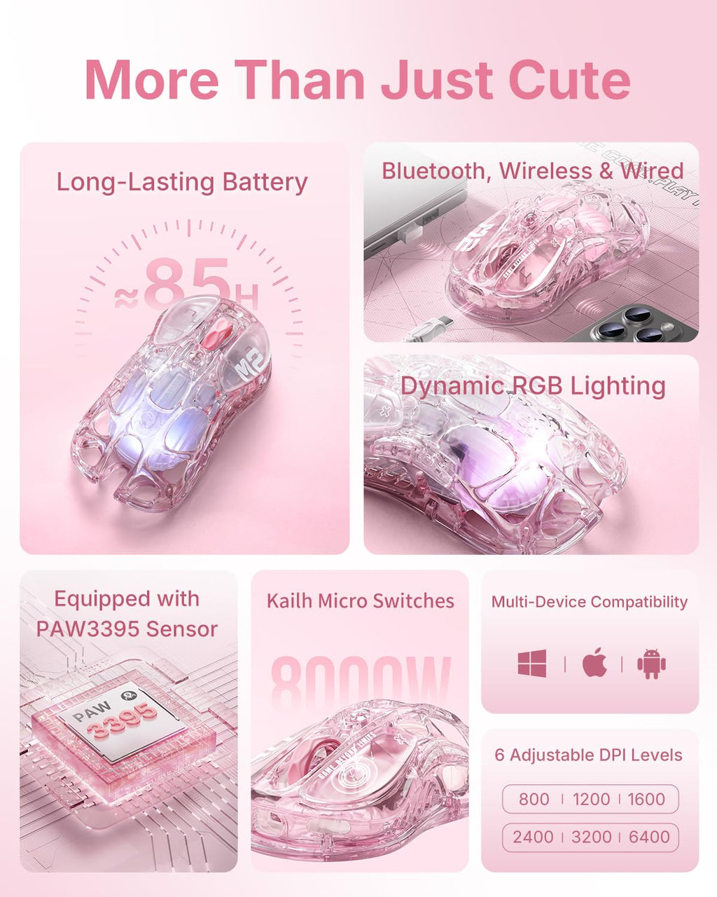Wireless Gaming Mouse with 26000 DPI RGB Sensor