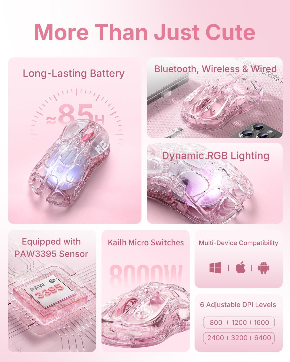 Wireless Gaming Mouse with 26000 DPI RGB Sensor