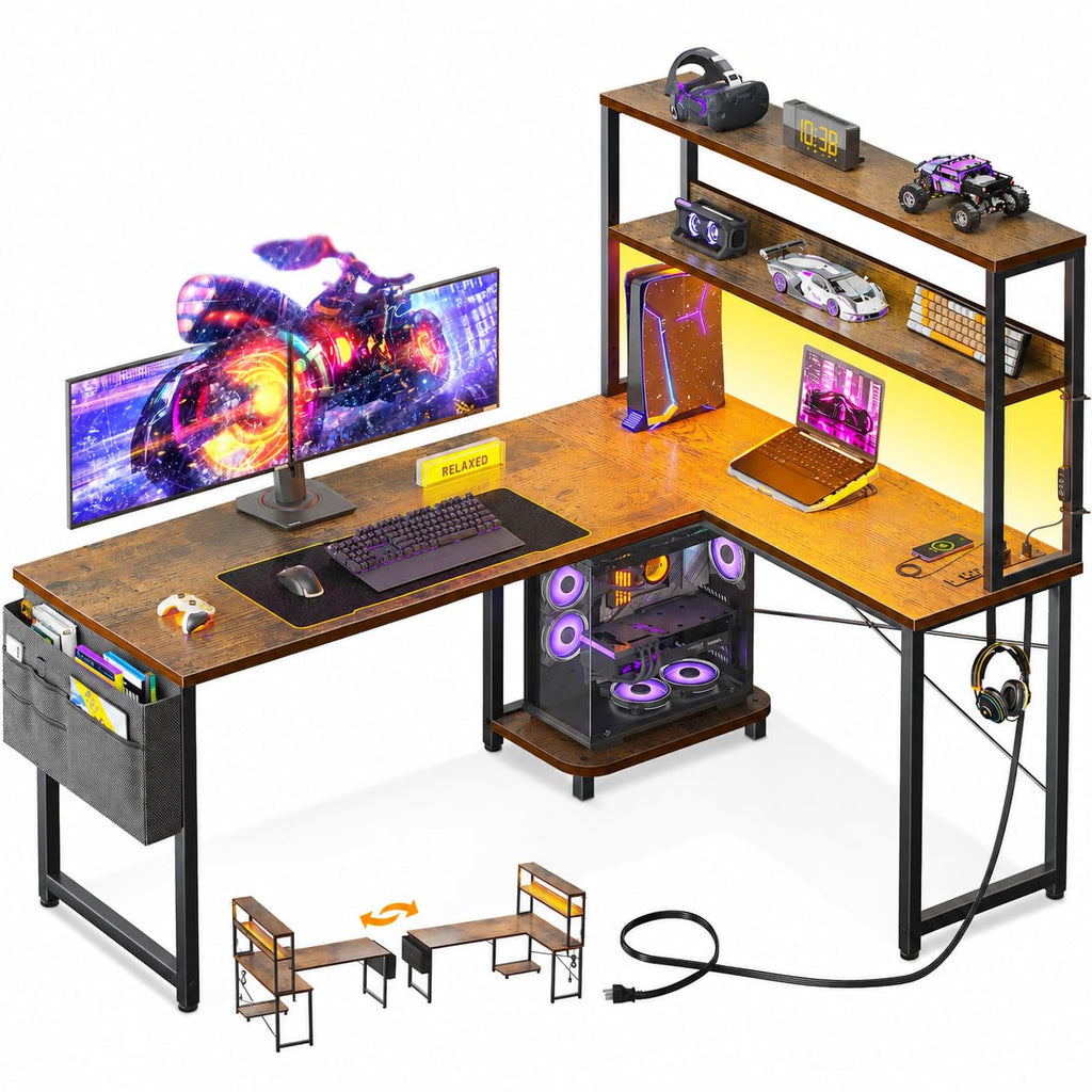 L Shaped Gaming Desk with LED Lighting and Outlets