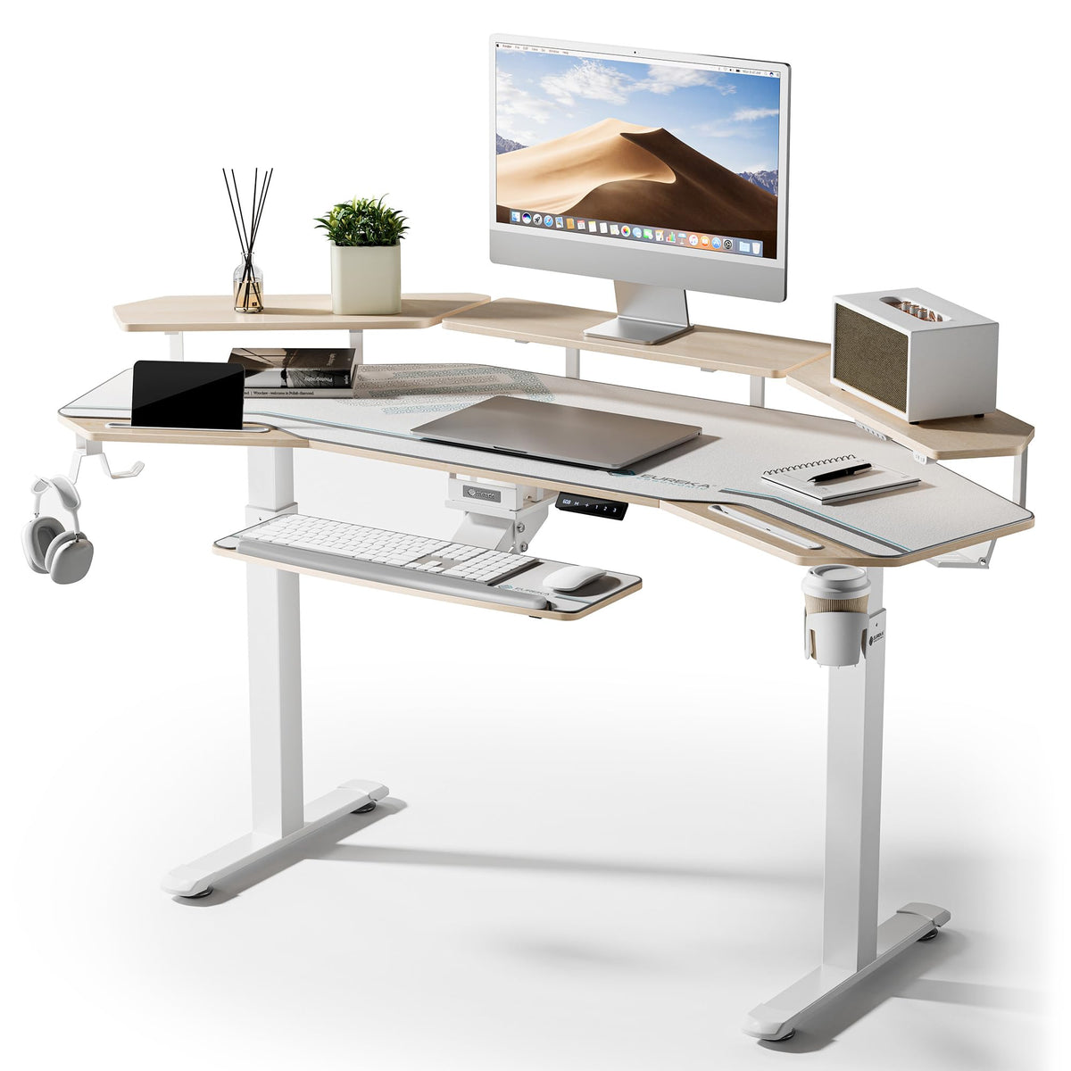 Gaming Desk with Keyboard Tray and LED Shelves