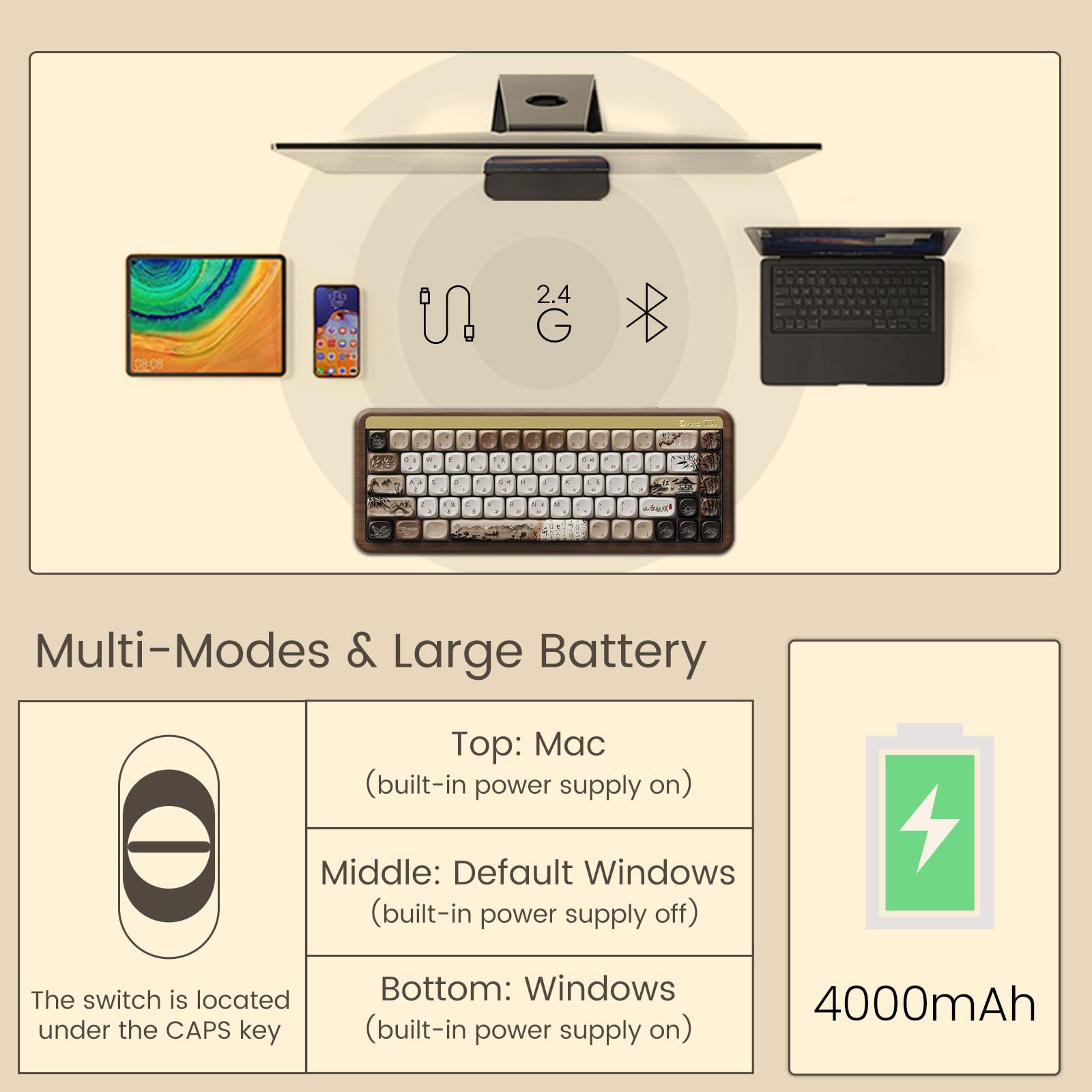 Wireless Mechanical Gaming Keyboard with Wood Frame