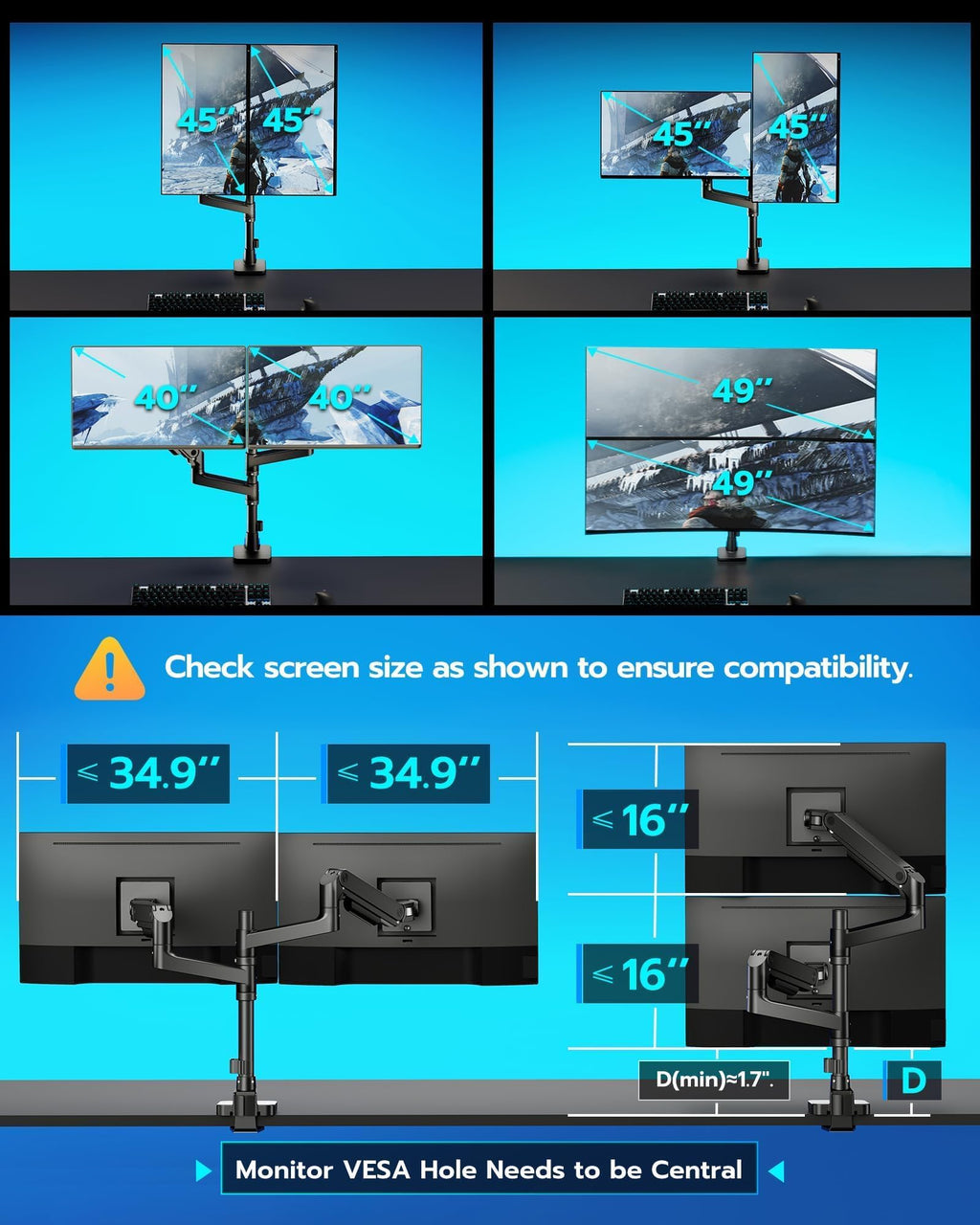 Dual Monitor Arm for 17 to 49 Inch Ultrawide Screens