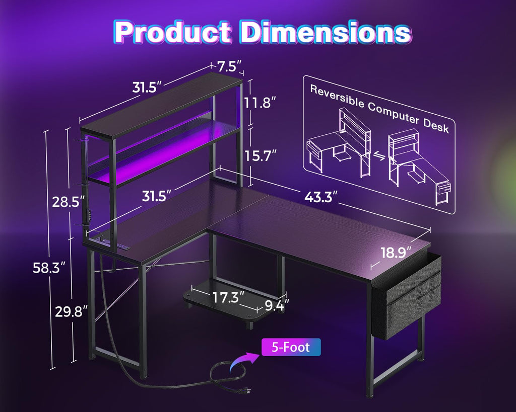 L Shaped Gaming Desk with LED Light and Power Outlet