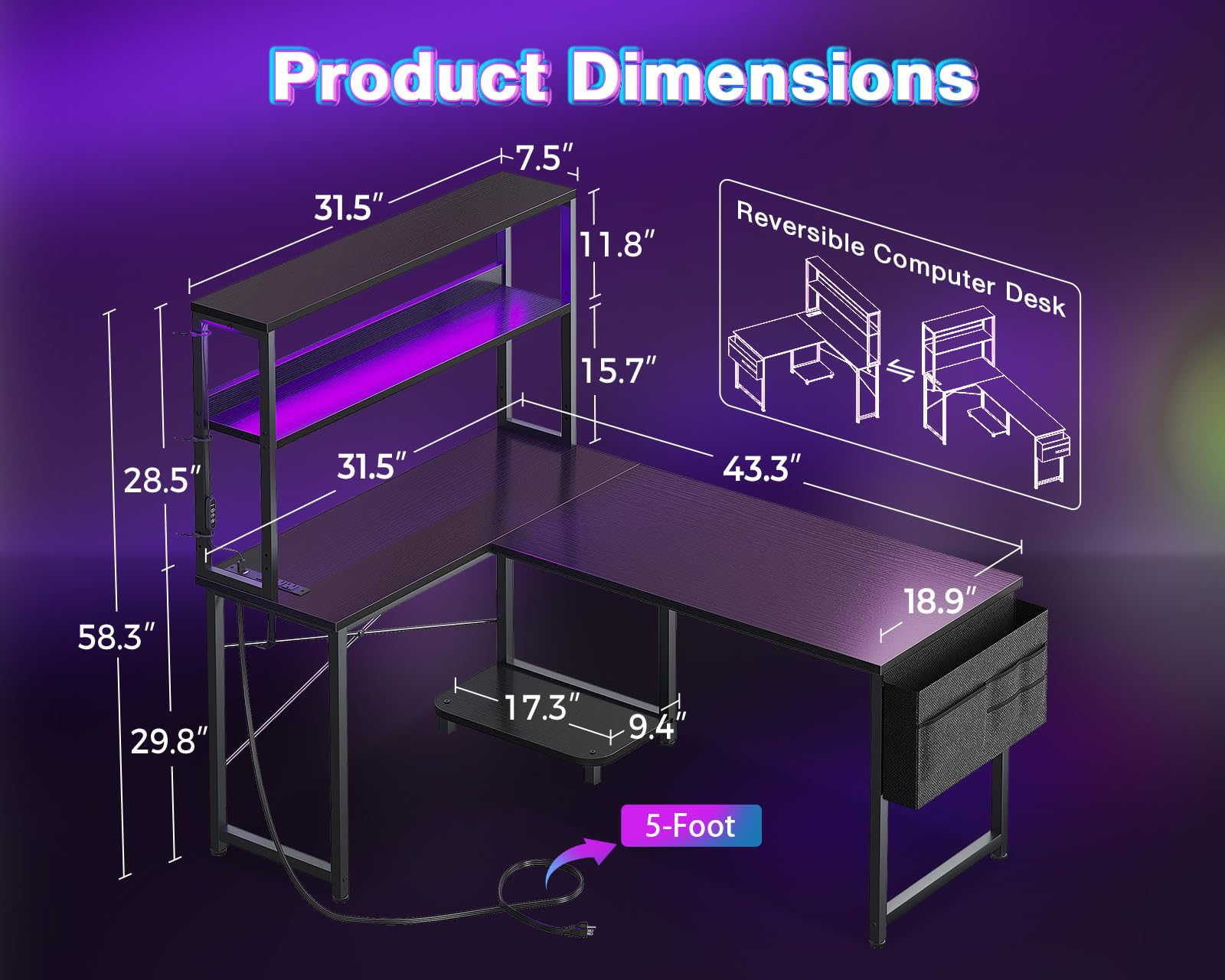 L Shaped Gaming Desk with LED Light and Power Outlet