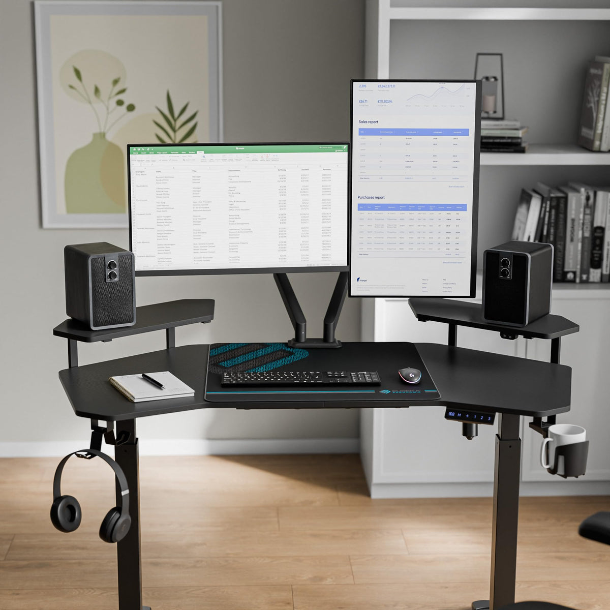 Gaming Desk with Keyboard Tray and LED Shelves