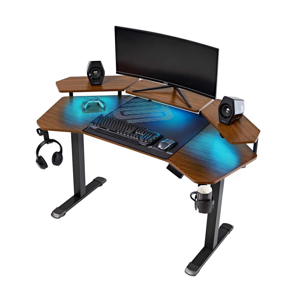 Gaming Desk with Keyboard Tray and LED Shelves