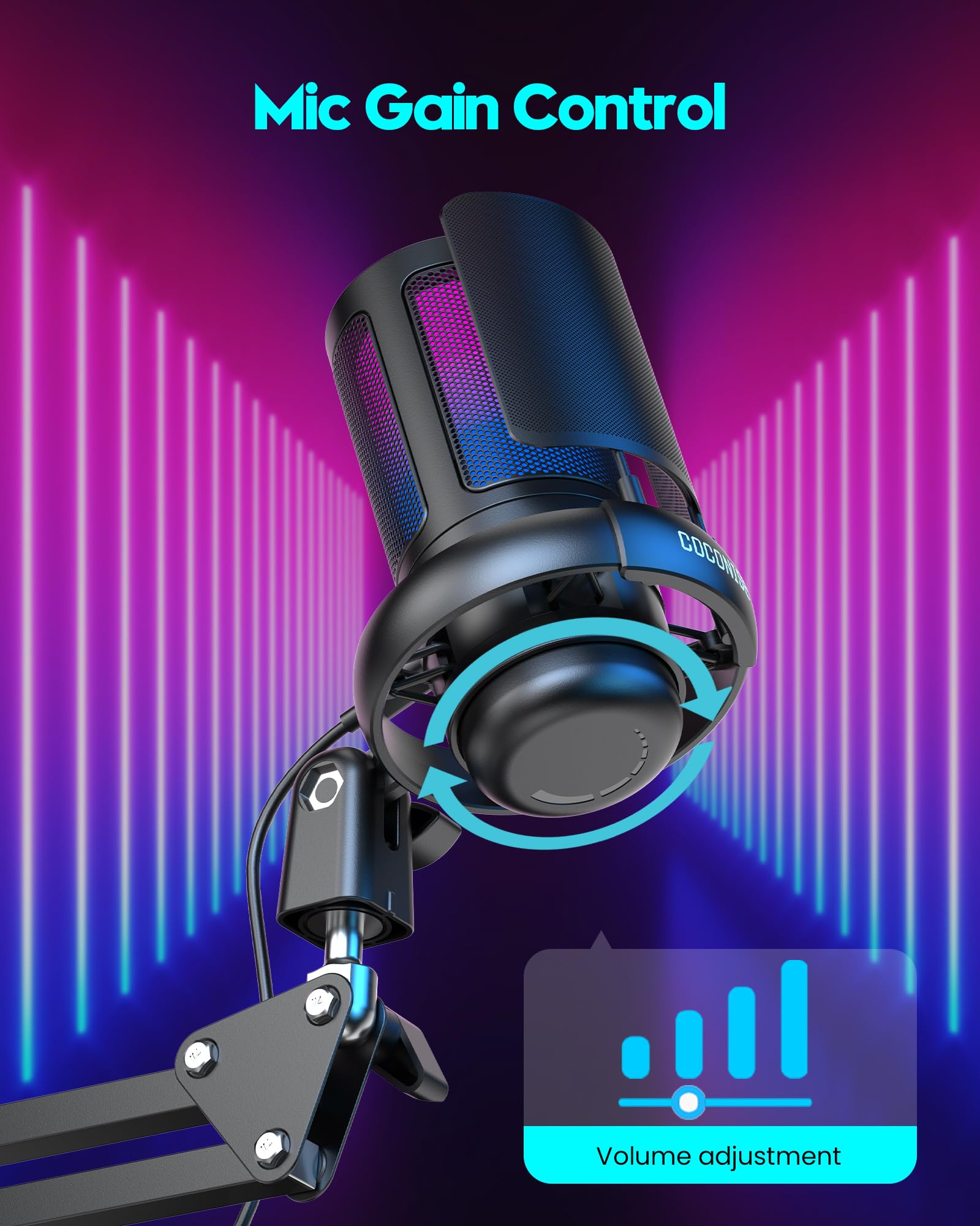 USB Gaming Microphone with Boom Arm and RGB Lighting