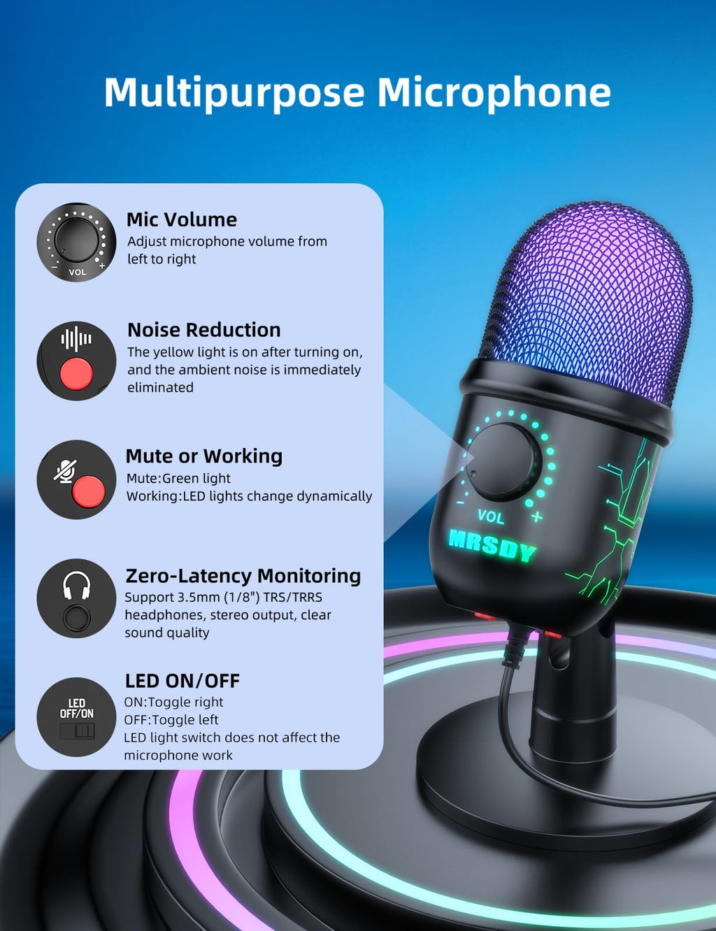 USB Gaming Microphone with Noise Reduction and RGB