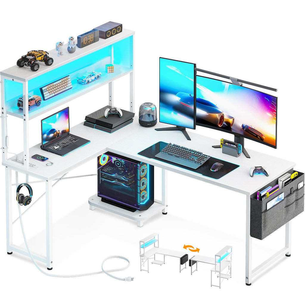 L Shaped Gaming Desk with LED Light and Power Outlet