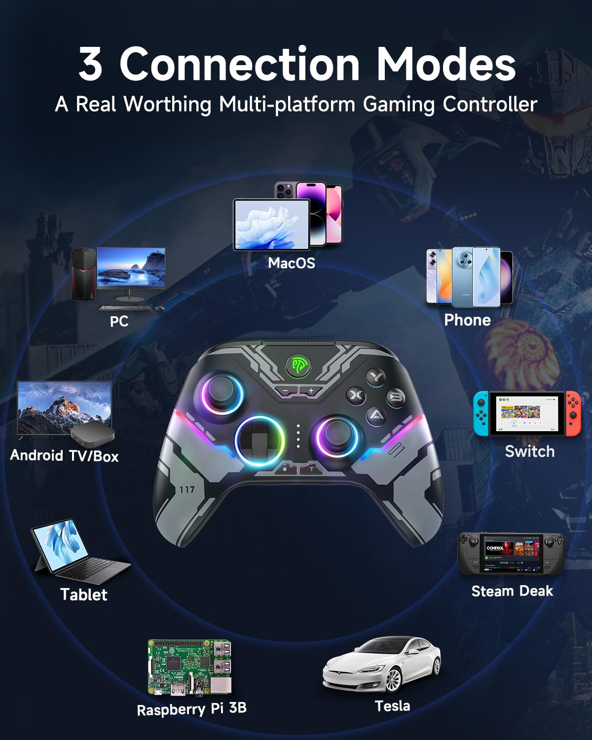 Wireless Gaming Controller with Hall Sticks and RGB