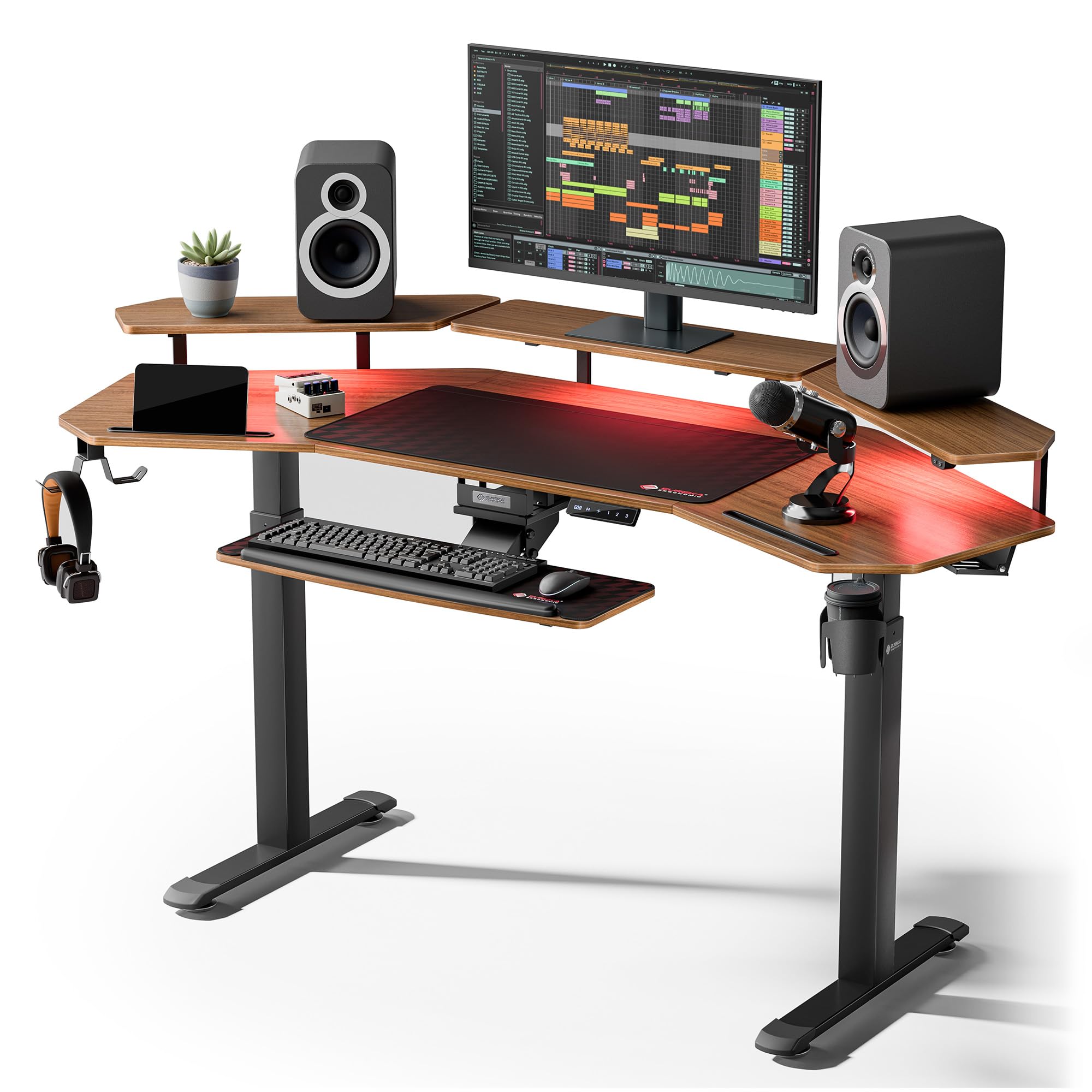 Gaming Desk with Keyboard Tray and LED Shelves