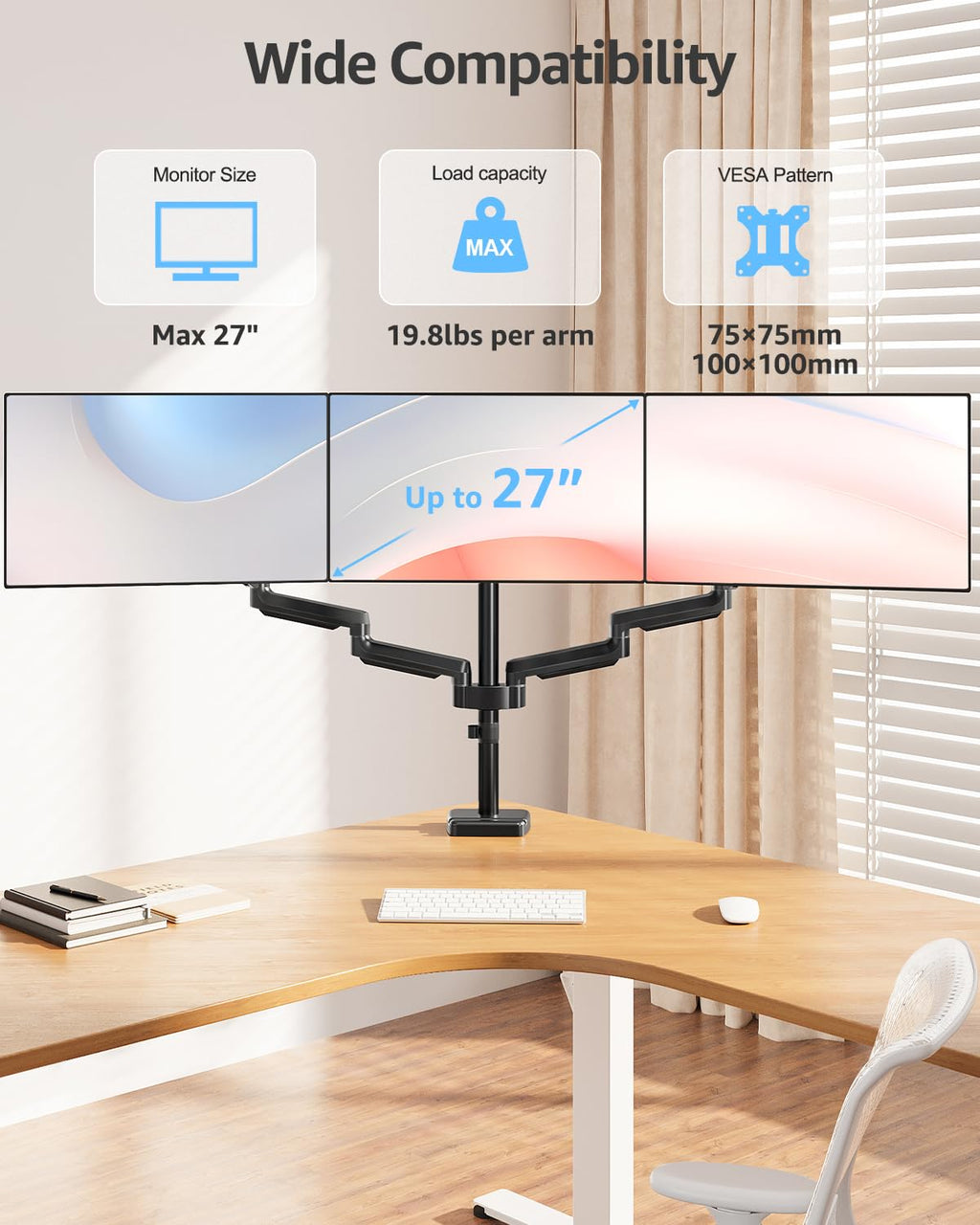 Triple Monitor Arm for 27 Inch Gaming Monitors
