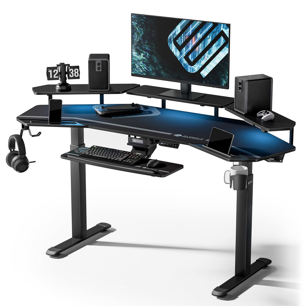 Gaming Desk with Keyboard Tray and LED Shelves