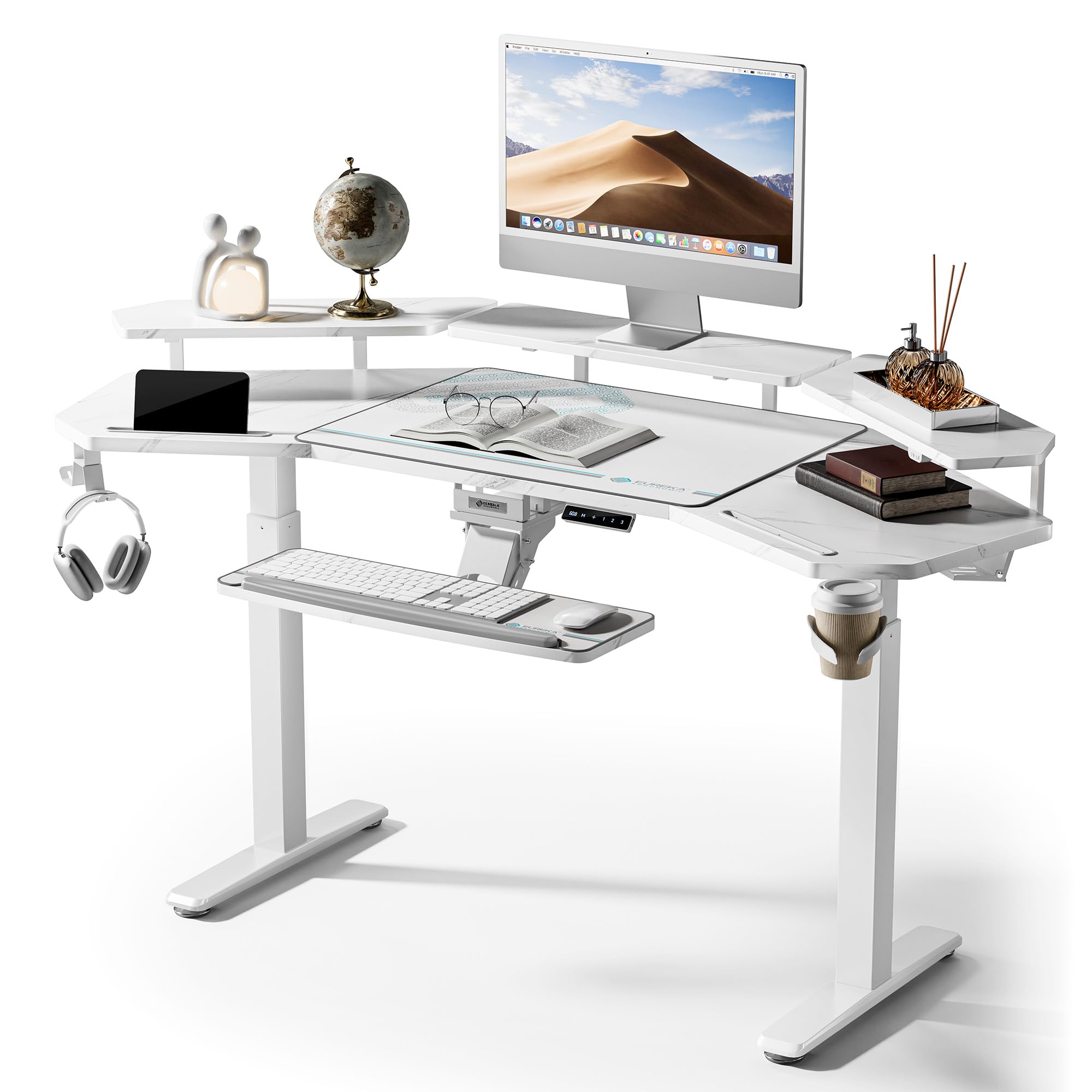Gaming Desk with Keyboard Tray and LED Shelves