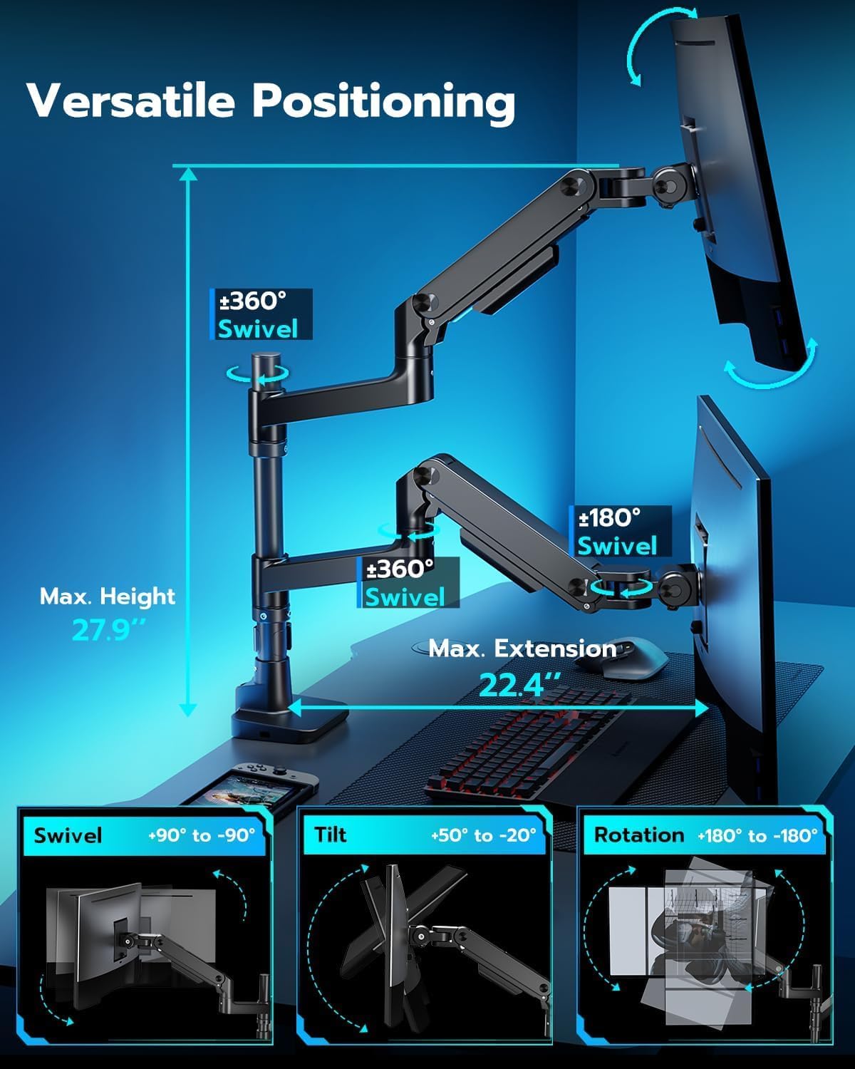 Dual Monitor Arm for 17 to 49 Inch Ultrawide Screens