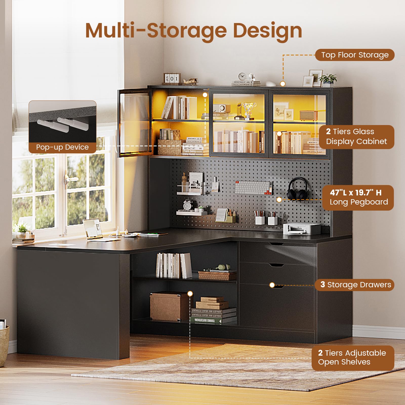 L Shaped Gaming Desk with Drawers and Bookshelf