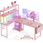 L Shaped Gaming Desk with LED Light and Power Outlet