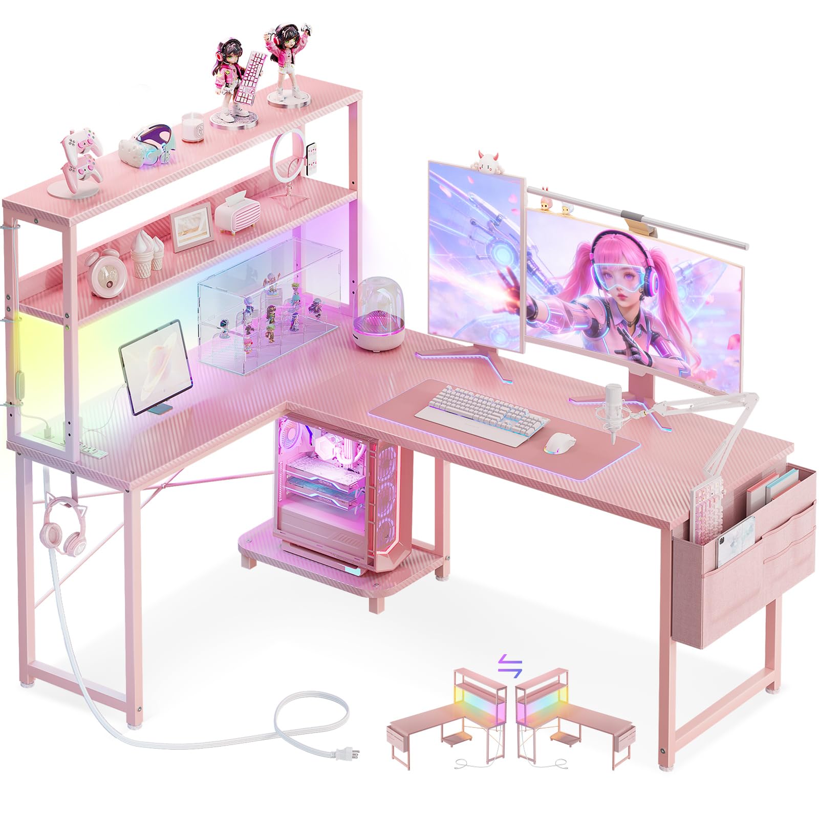 L Shaped Gaming Desk with LED Light and Power Outlet