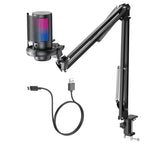 USB Gaming Microphone with Boom Arm and RGB Lighting