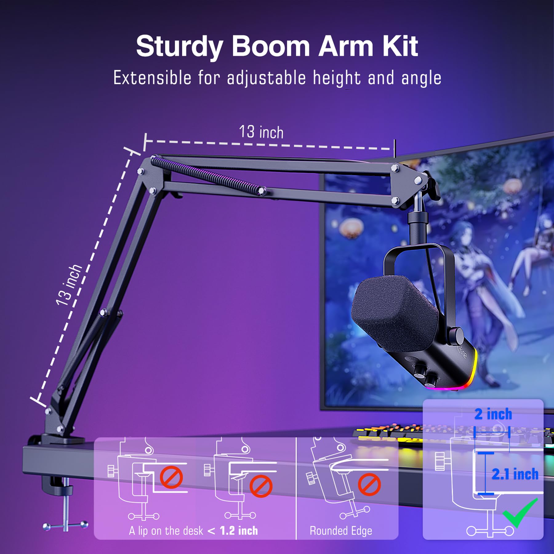 USB XLR Gaming Microphone with RGB and Boom Arm