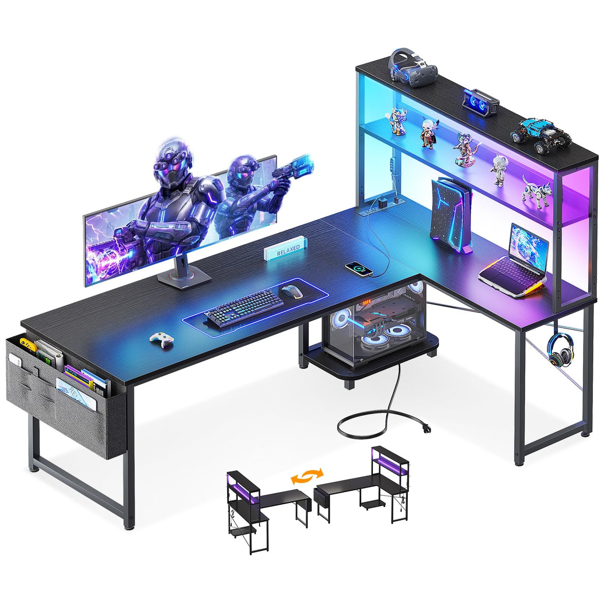 L Shaped Gaming Desk with LED Lighting and Outlets