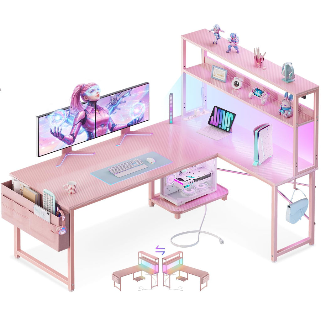 L Shaped Gaming Desk with LED Lighting and Outlets