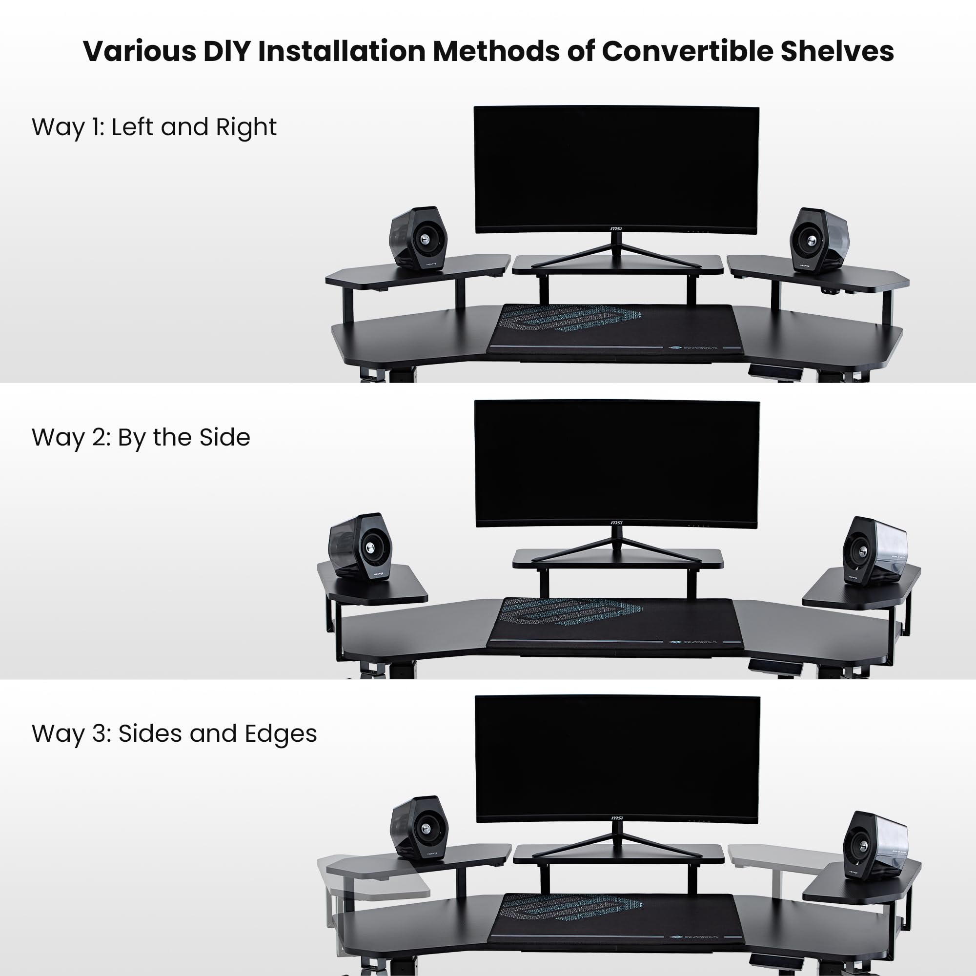 Gaming Desk with Keyboard Tray and LED Shelves