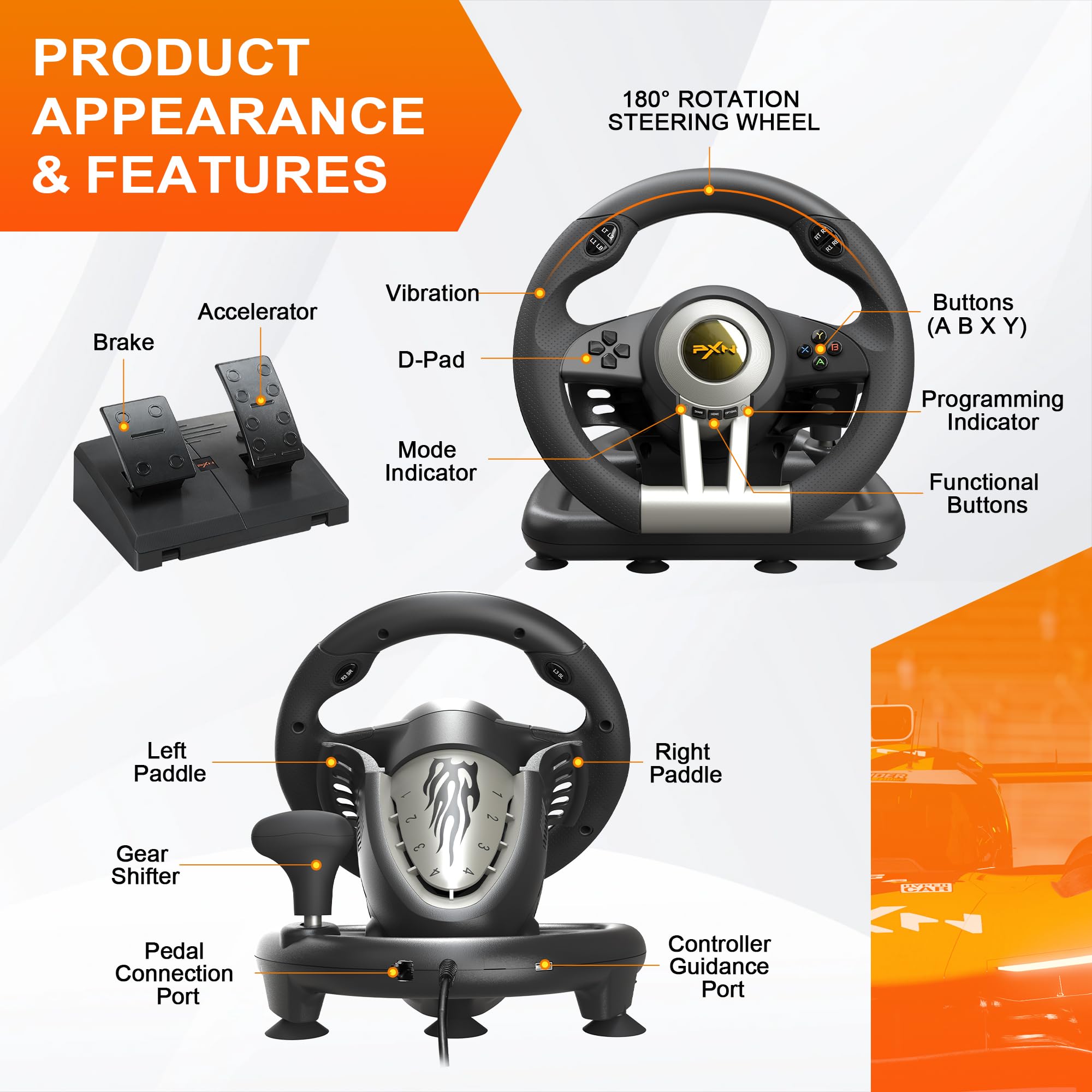 Gaming Racing Wheel with Pedals for PC and Console