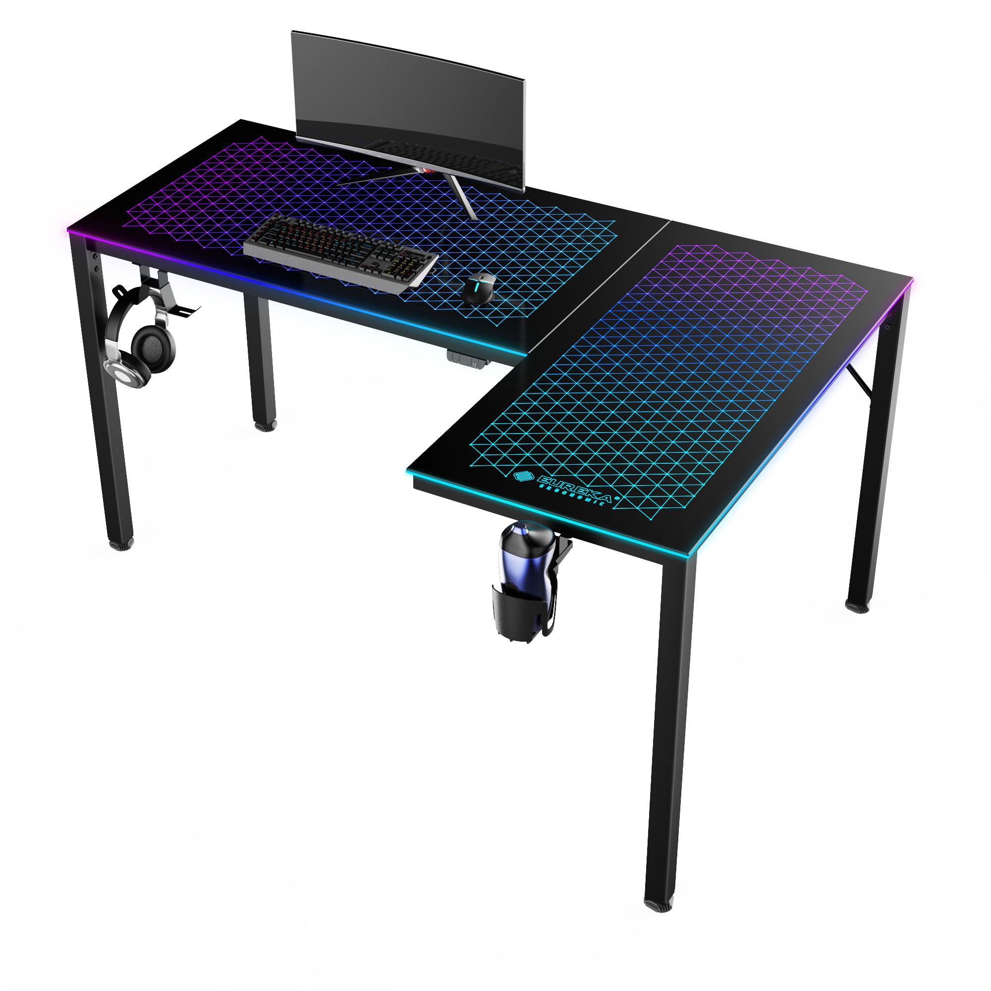 L Shaped Gaming Desk with LED Glass Desktop Design