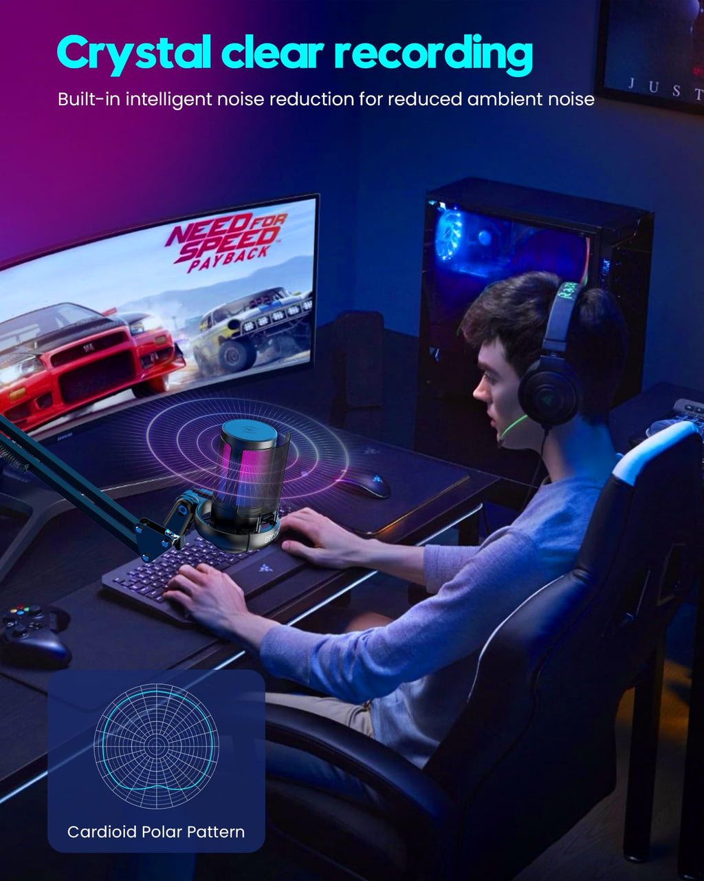 USB Gaming Microphone with Boom Arm and RGB Lighting