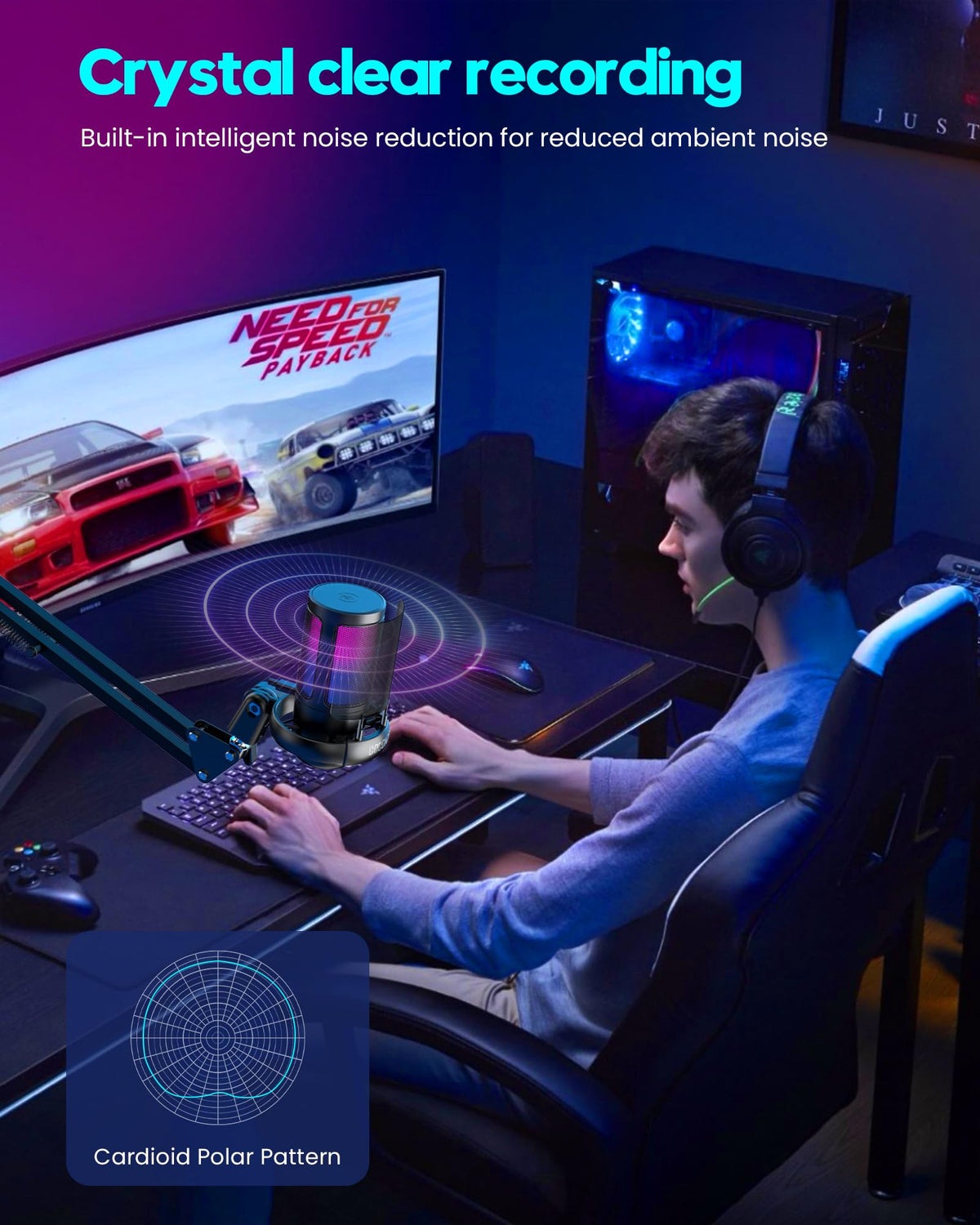 USB Gaming Microphone with Boom Arm and RGB Lighting