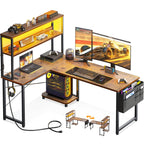 L Shaped Gaming Desk with LED Light and Power Outlet