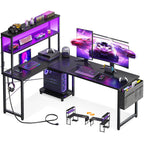 L Shaped Gaming Desk with LED Light and Power Outlet