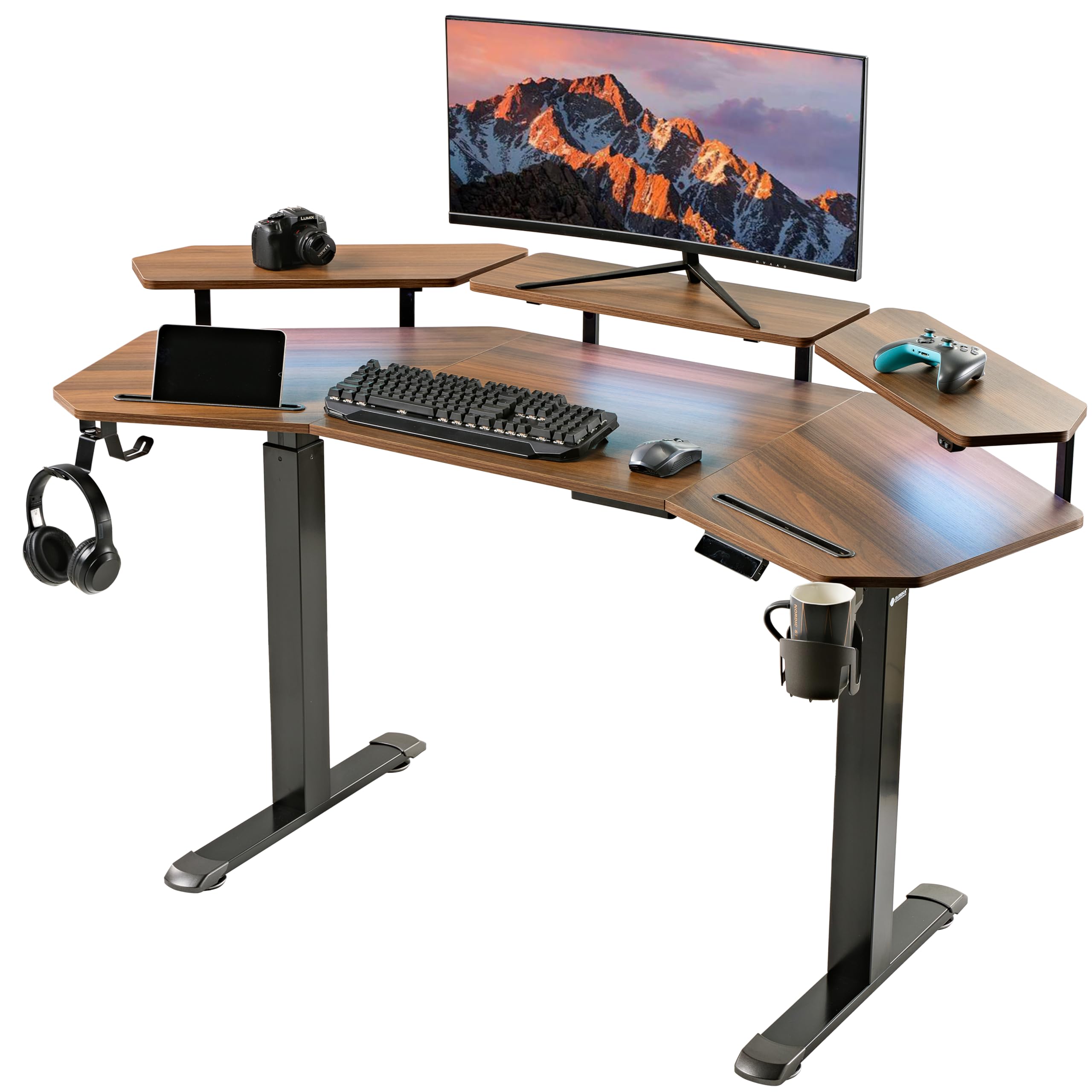 Gaming Desk with Keyboard Tray and LED Shelves