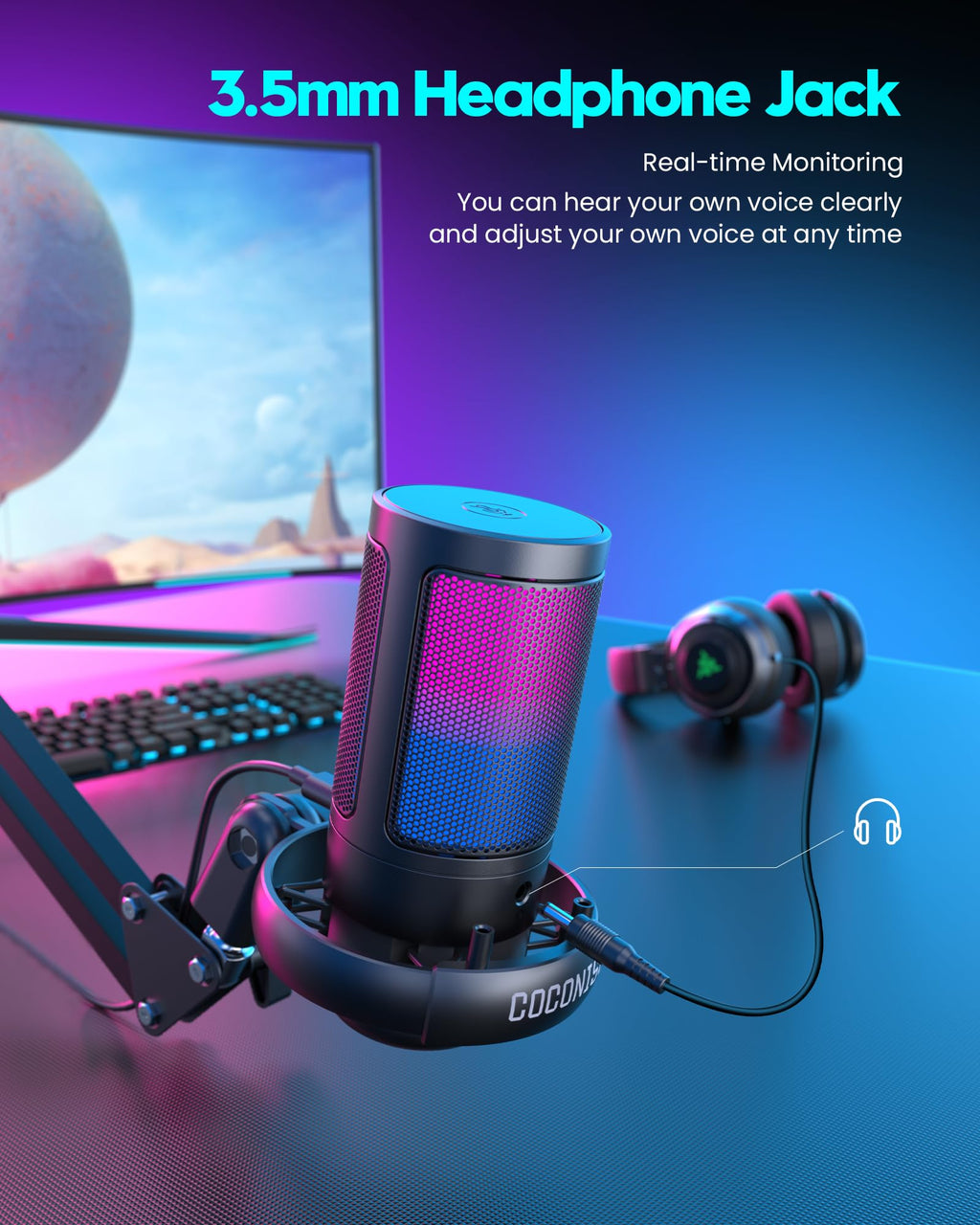 USB Gaming Microphone with Boom Arm and RGB Lighting