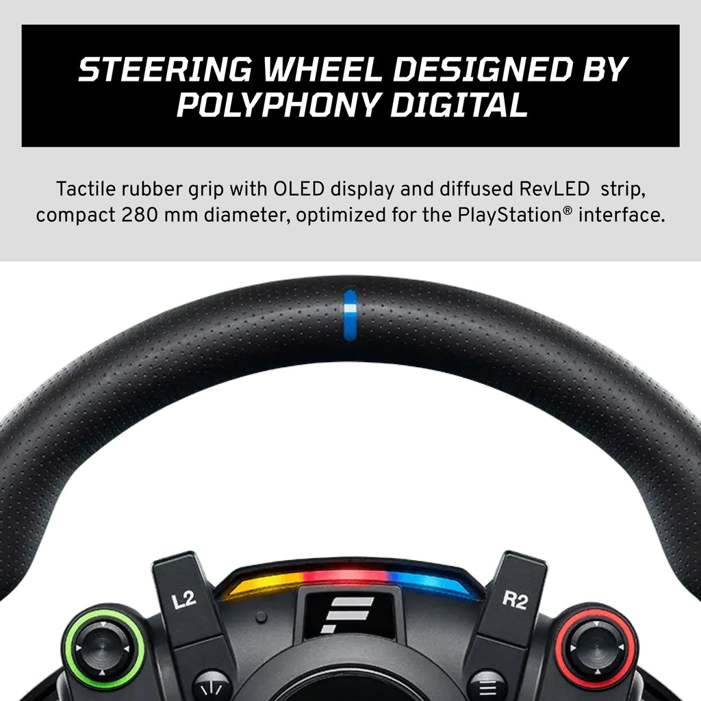 Fanatec Officially Licensed Gran Turismo DD Pro PlayStation Sim Racing Steering Wheel, Base and Pedals – Polyphony Digital Wheel, 5 Nm FluxBarrier Direct Drive, 2-Pedal Set for PC, PS5, PS4