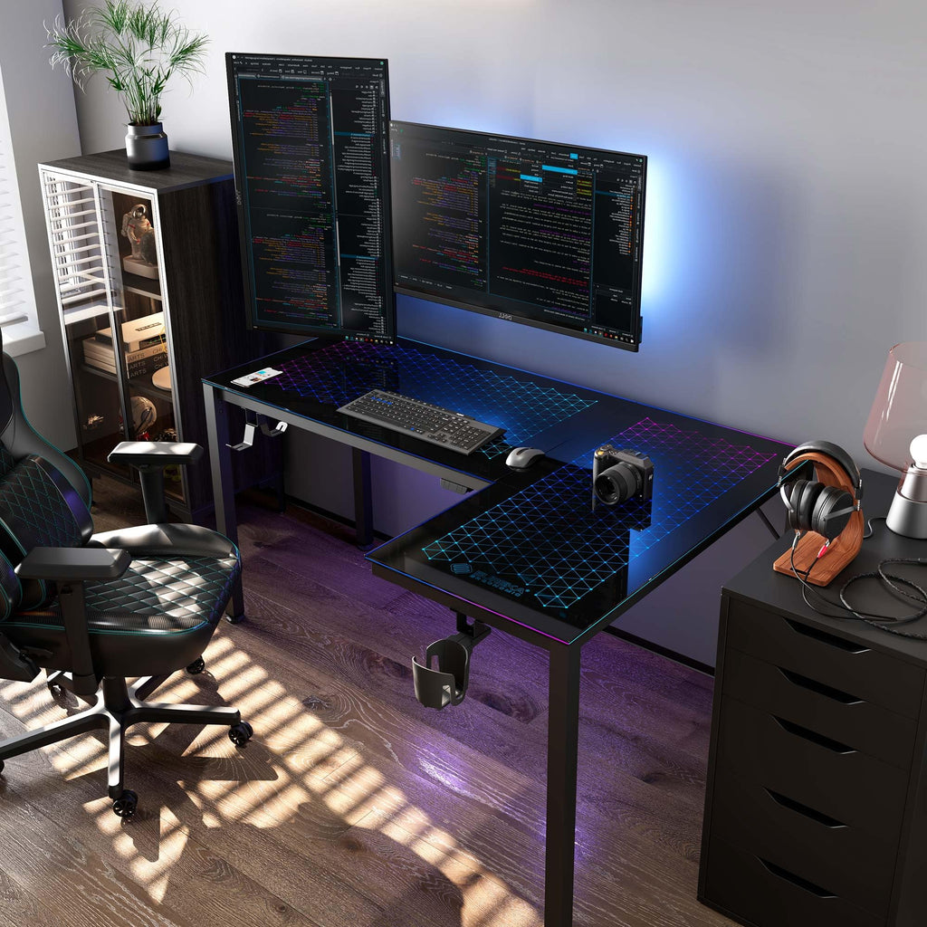 L Shaped Gaming Desk with LED Glass Desktop Design