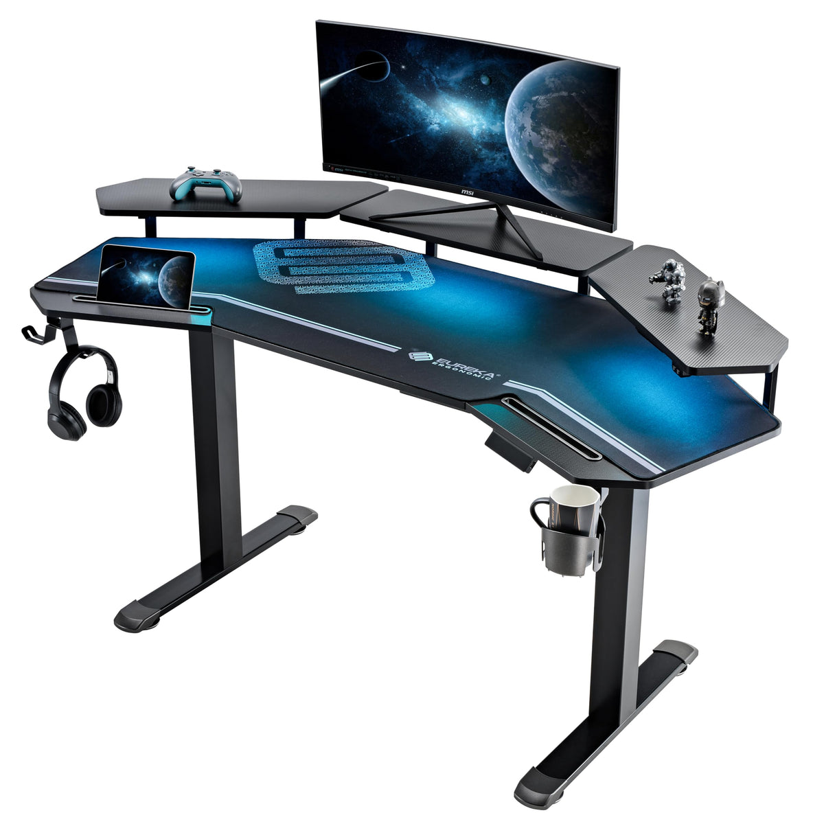 Gaming Desk with Keyboard Tray and LED Shelves