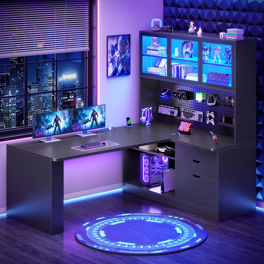 L Shaped Gaming Desk with Drawers and Bookshelf