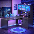 L Shaped Gaming Desk with Drawers and Bookshelf
