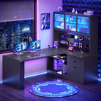 L Shaped Gaming Desk with Drawers and Bookshelf