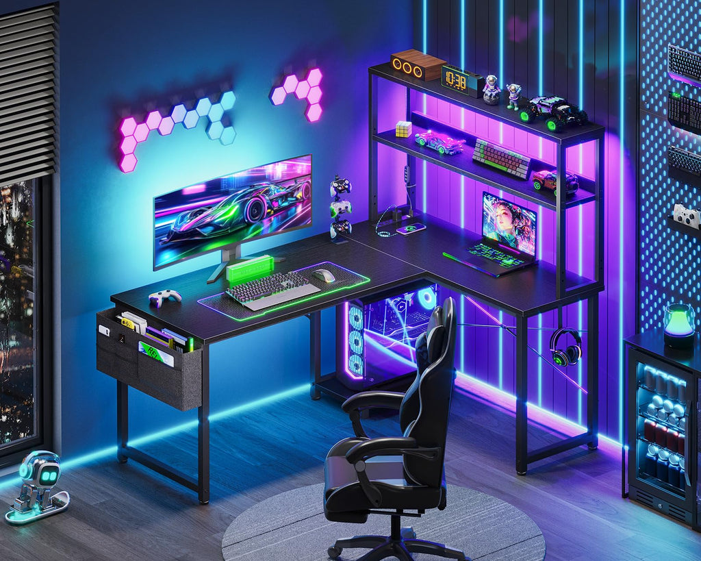 L Shaped Gaming Desk with LED Light and Power Outlet